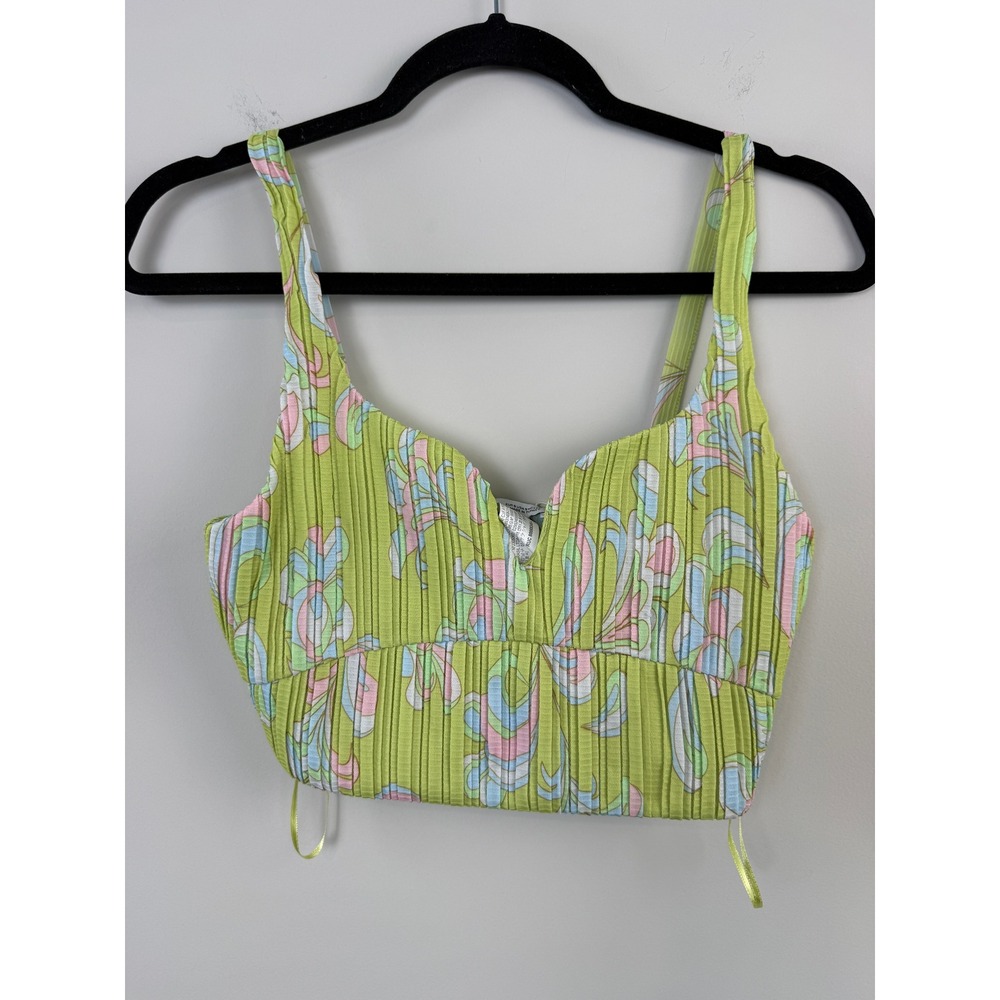 NEW Zara Plisse Crop Top Women Small Green Floral Abstract Pleated Bralette